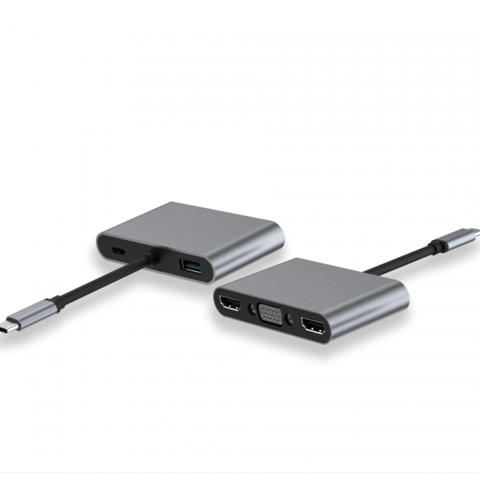 KCUAP044 MST+SST Aluminum USB Type C to Dual HDMI+VGA+USB3.0+PD Converter